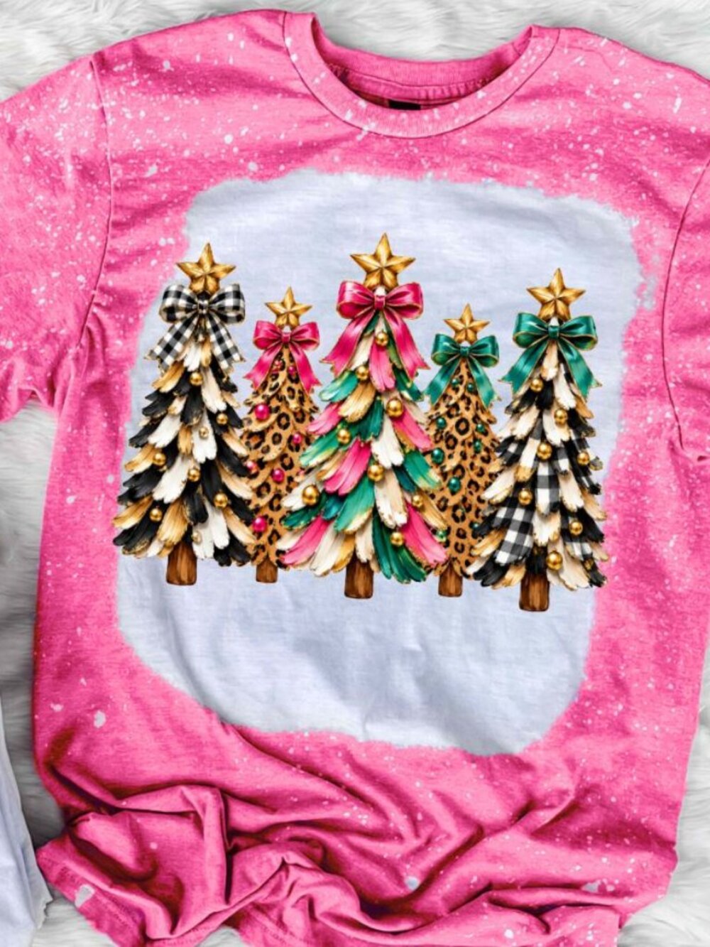 Leopard Christmas Tree Bleached Pink T-Shirt Holiday Bow Graphic Unisex Tee